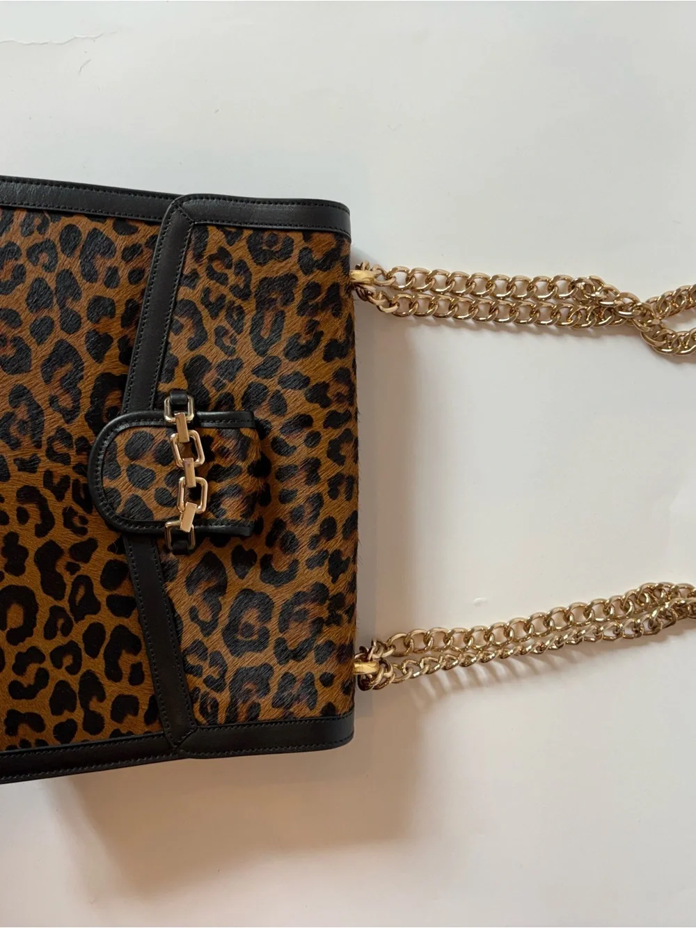 Italian Leather & Leopard Calf Hair Shoulder Bag with Gold Chain